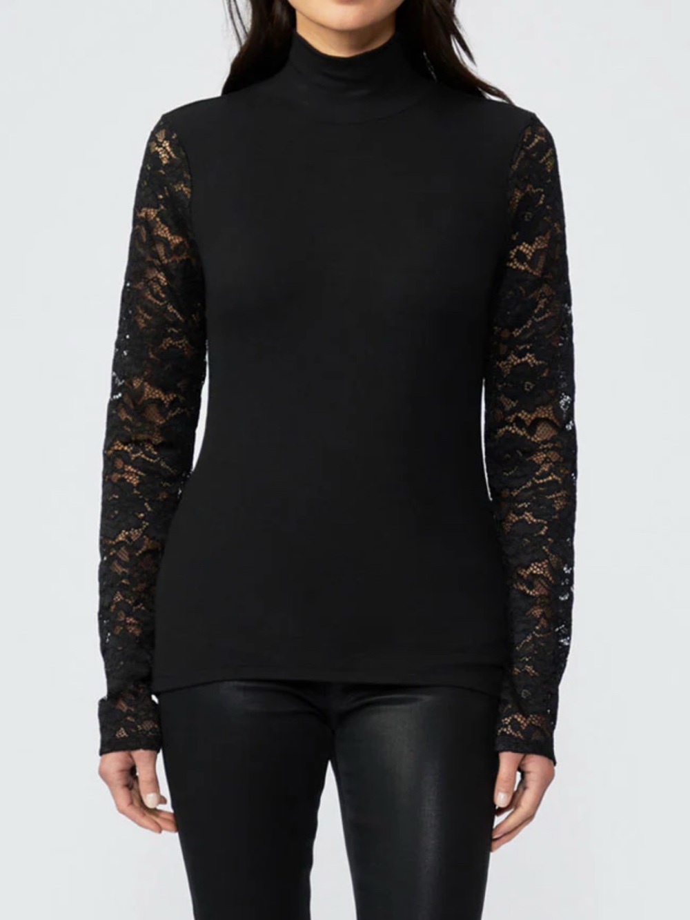 PAIGE Golda Lace Sleeve Mock Neck Top Black NWT Medium